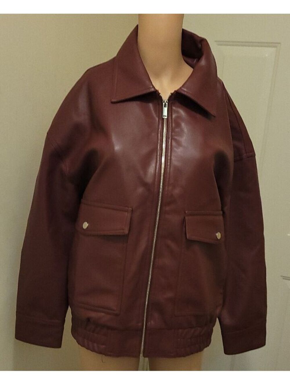 Vanmolrsa Women's Burgundy Oversized Faux Leather Bomber Biker Jacket Size L